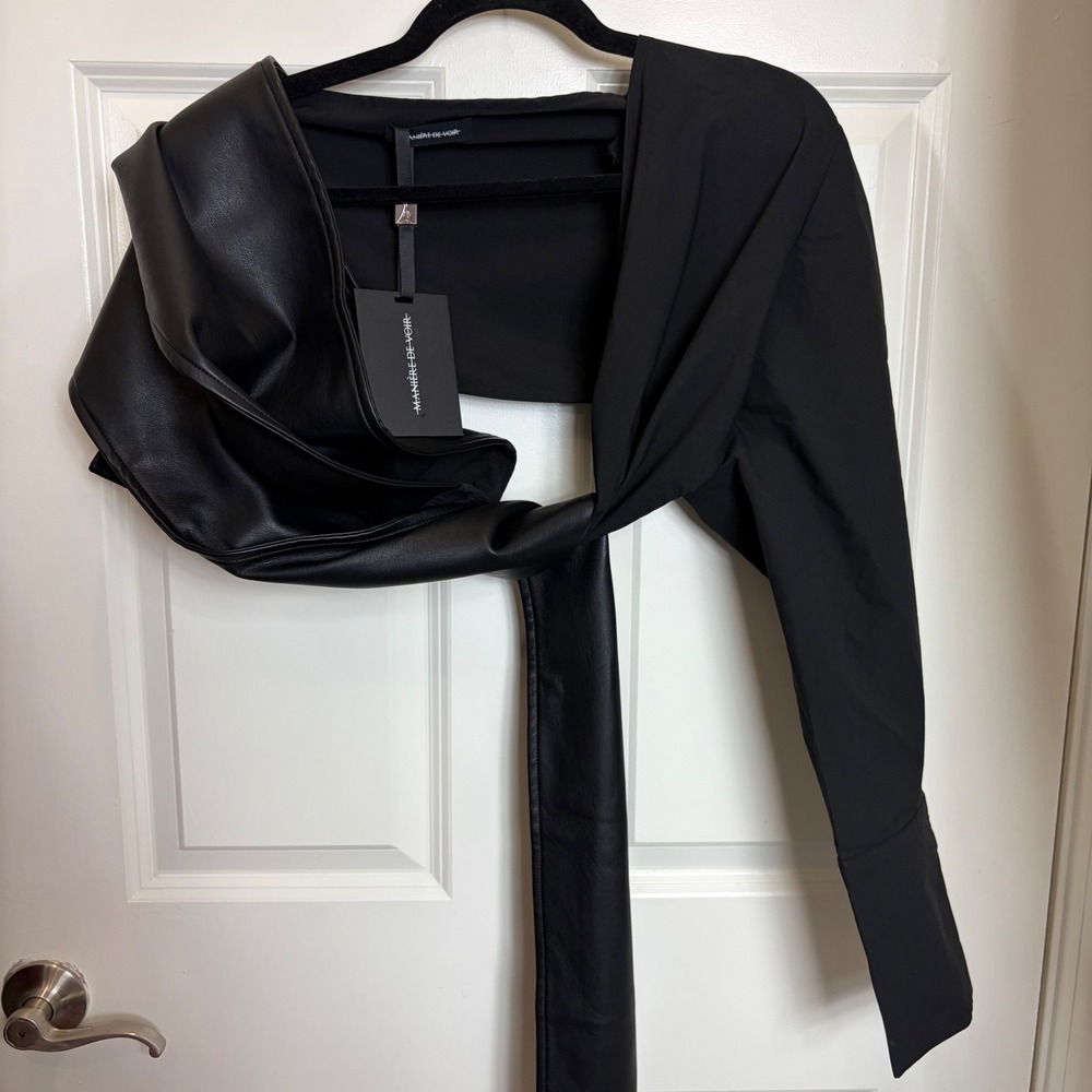 Maniere De Voir One Shoulder Vegan Leather Wrap Top Black US 2 NWT